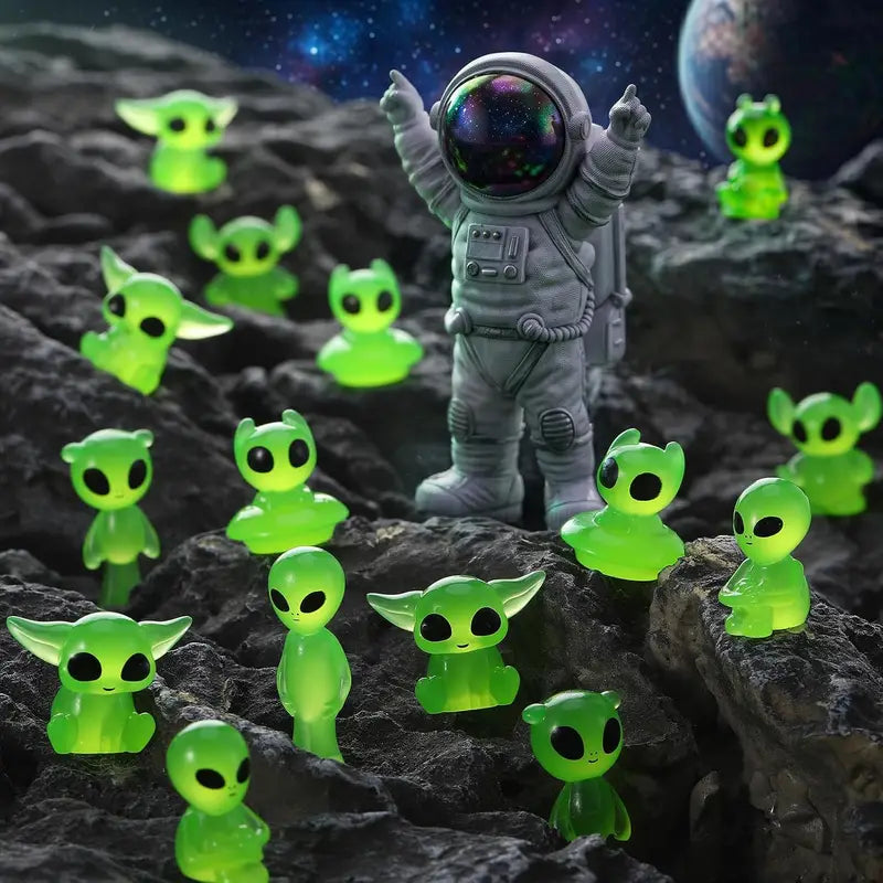 14Pcs Luminous Mini Alien Resin Figurines - Glow in Dark Space Party Decorations