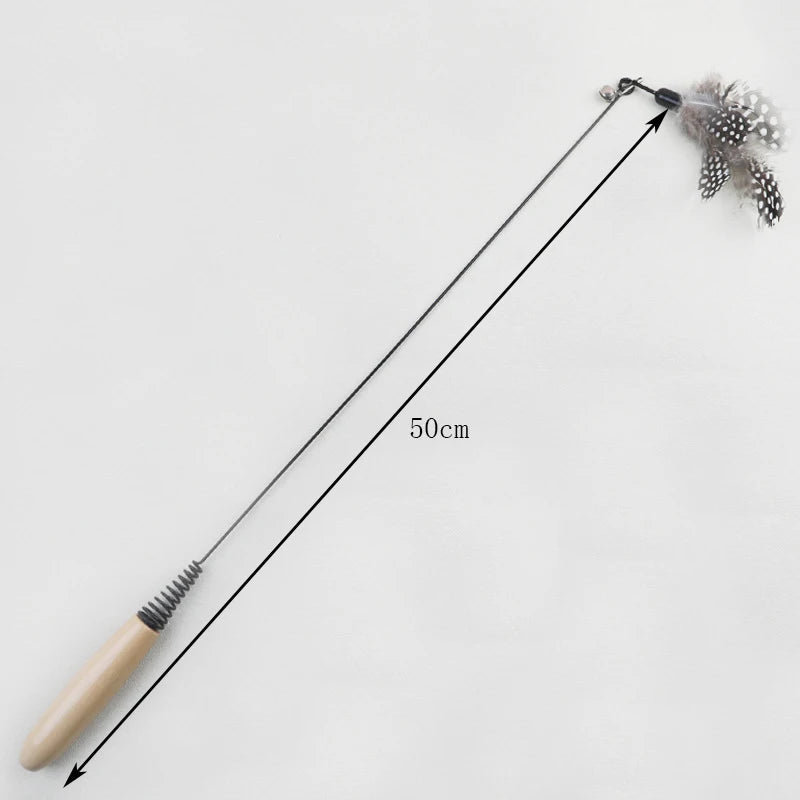 Wooden Handle Spring Teasing Cat Toy with Pearl Feather Replacement Head - Boredom Relief Pet Supply