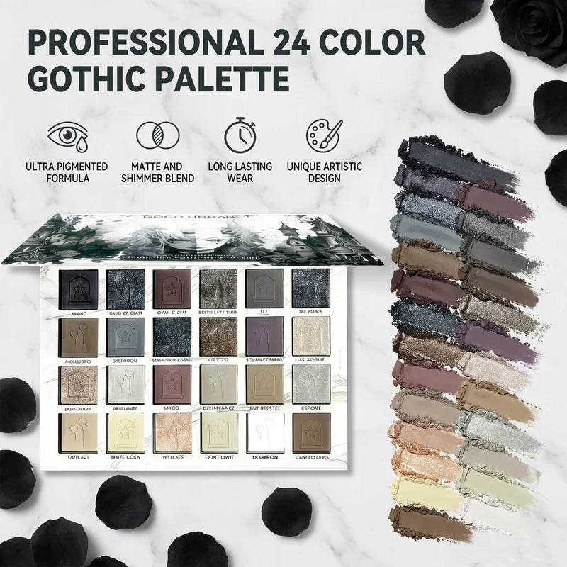 Gothic Eyeshadow Palette with 12 Waterproof Colored Eyeliner Pencils - Dark Cool Tones Makeup Kit
