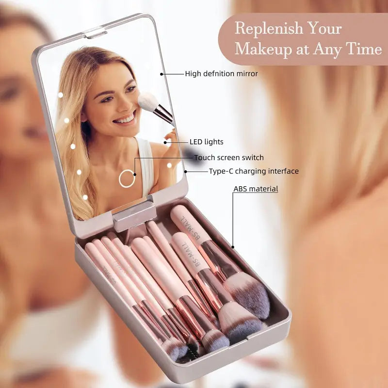 14-Piece Makeup Brush Set with LED Mirror - Travel Cosmetic Face & Eye Brushes