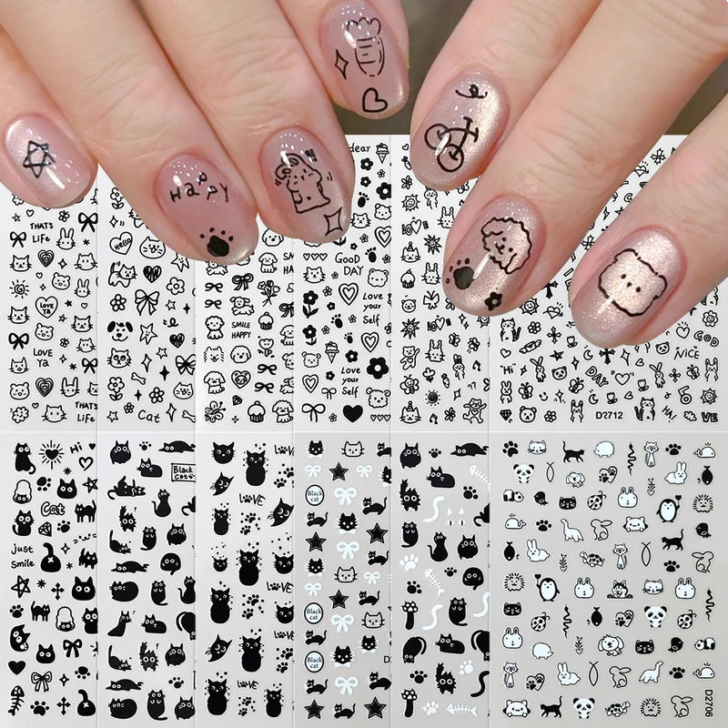 Cartoon Black Cat Nail Stickers Set - Kawaii Puppy Kitten Nail Art Decals