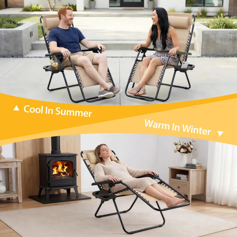 Zero Gravity Recliner Chairs Set of 2 with Cup Holders Outdoor Folding Lounge Chairs
