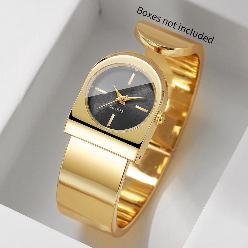 Women's Luxury Gold Cuff Watch with Unique Dial Quartz Movement - Multiple Colors