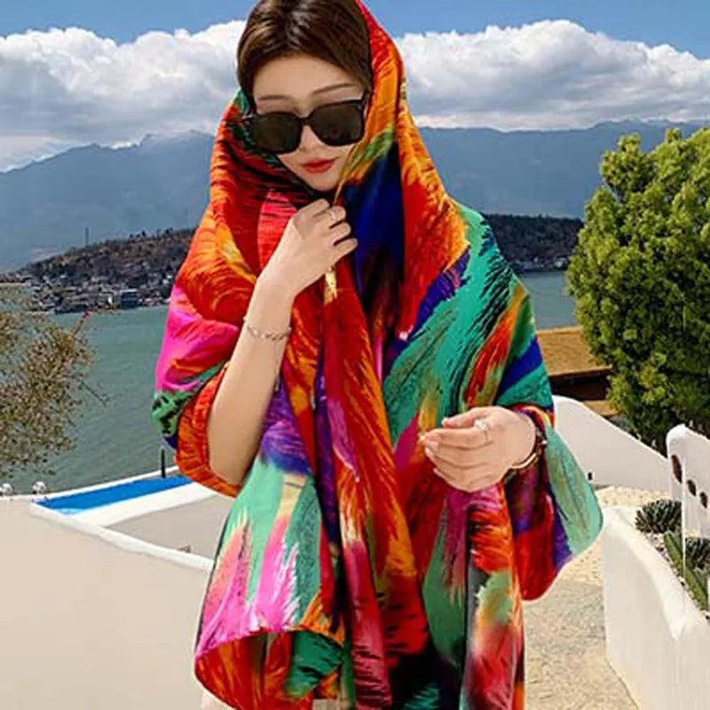 Breathable Silk Scarf Shawl Lightweight Ethnic Style Yarn Wrap for Beach & Casual Wear