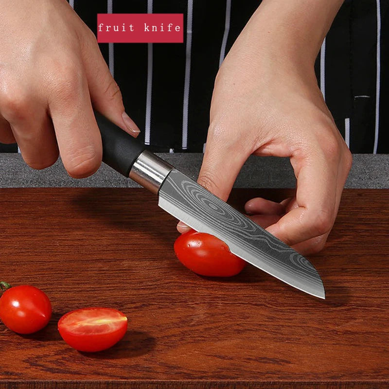 Laser Damascus Pattern Kitchen Utility Chef Knife & Scissors Set - Stainless Steel Sharpener