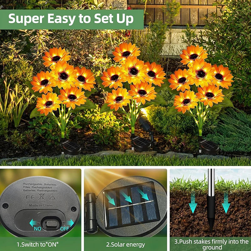 Solar Sunflower Garden Lights - Waterproof Outdoor Decor Stake Lights for Yard & Path