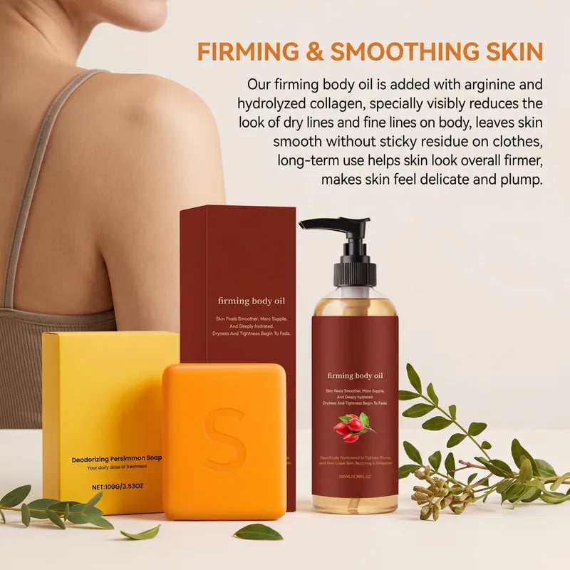 Persimmon Bath Soap & Firming Body Oil Set - Hydrating Deep Clean & Skin Firming