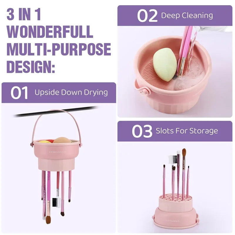 3-in-1 Makeup Brush Cleaning and Drying Bucket with Storage Box - Reusable Silicone and PP Material