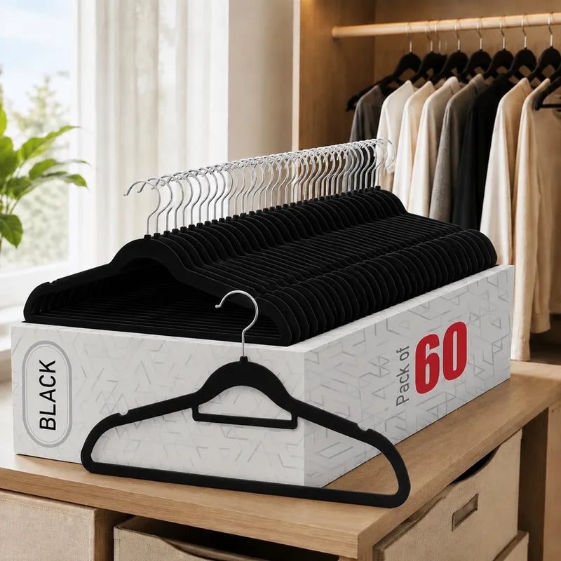 Multi-Color Velvet Non-Slip Clothes Hangers with 360° Rotating Chrome Hooks - Pack of 30 or 60