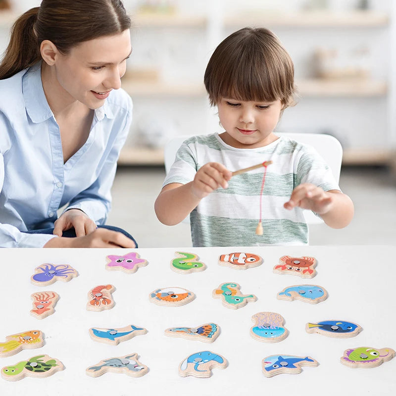 Wooden Magnetic Fishing Toys for Children Marine Life Learning Interactive Baby Game