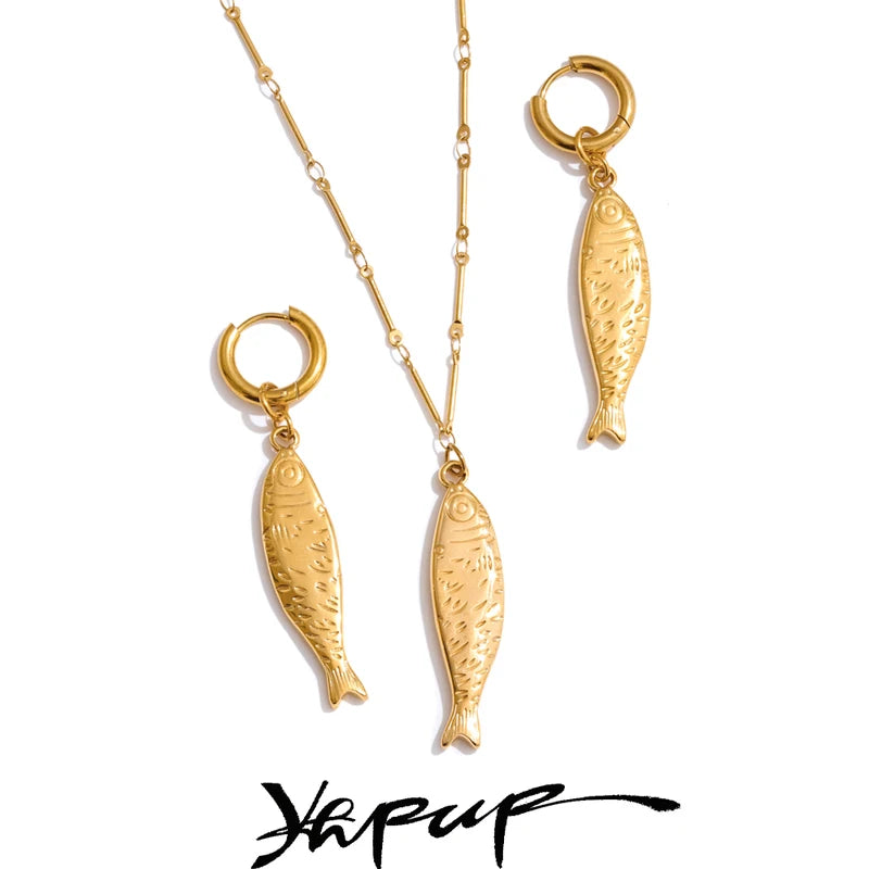 Ocean Fish Pendant Necklace & Earrings Jewelry Set - Stainless Steel, Gold PVD Plated