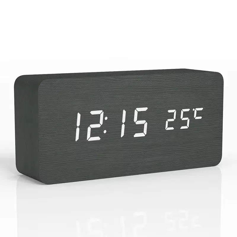 Wooden Digital Alarm Clock with Temperature Display - LED Table Clock for Bedroom & Office