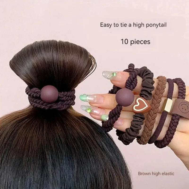 Women's Hair Ring Set - Elastic Leather Ponytail Holders - 10PCS