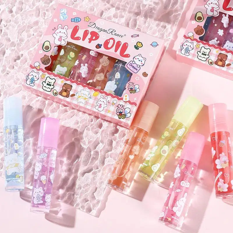 Moisturizing Lip Oil Set with Flower Essential Oils - 6pcs Natural Gloss for Women & Kids