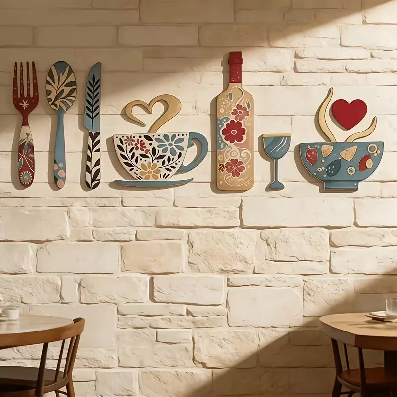 7-Piece Wooden Wall Decor Set with Fork, Cup & Wine Glass Patterns for Kitchen