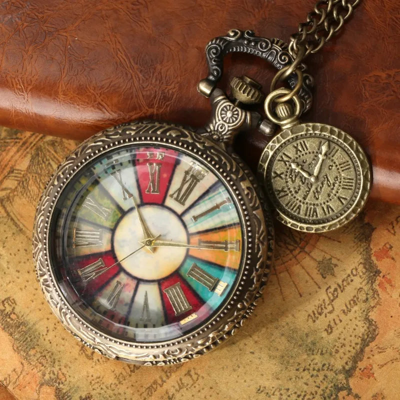 Retro Bronze Roman Numeral Pocket Watch with Colorful Dial Necklace Pendant Quartz Men Women