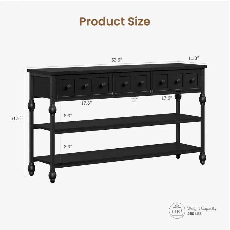 52-Inch Narrow Console Table with 3 Drawers & 2 Shelves - Farmhouse Industrial Entryway Sofa Table