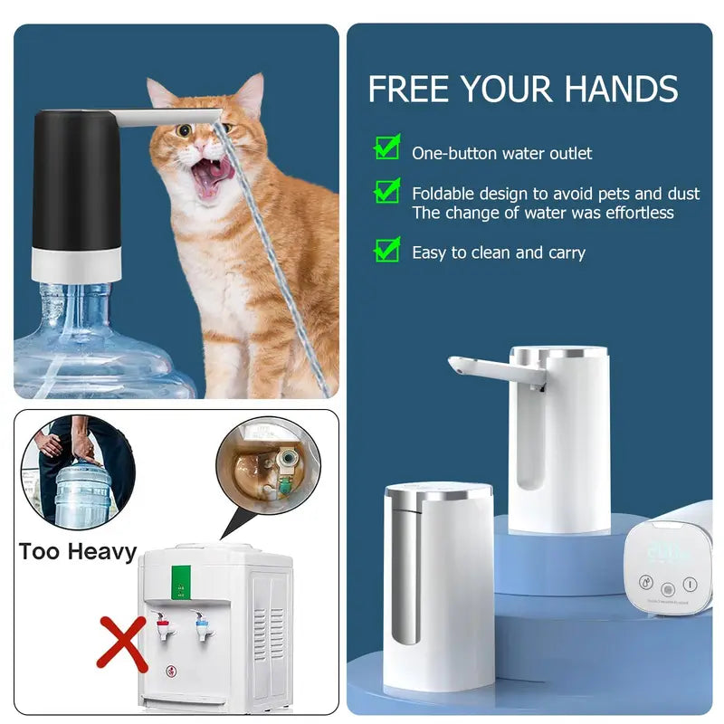 Portable Electric Water Bottle Dispenser with Display and Foldable Pump