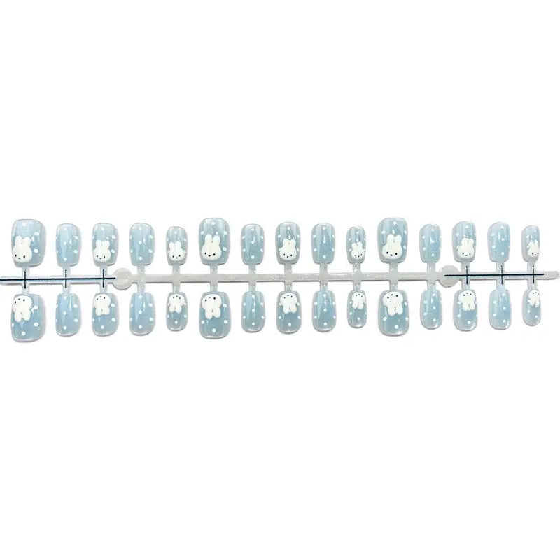 30Pcs Short Square False Nails with Light Blue Cat Eye and Glitter Decor - Wearable Nail Tips for Women