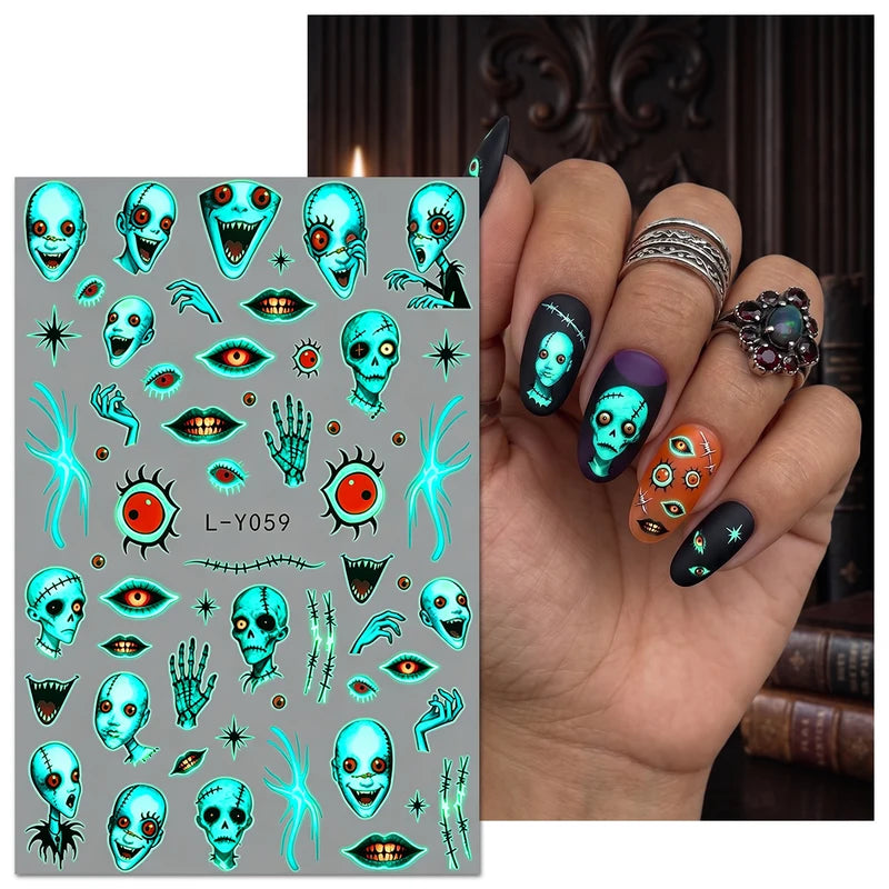 4-Pack Halloween Night Light Nail Stickers Ghost Skull Pumpkin Fun Nail Art