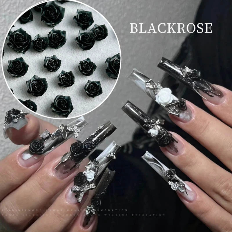 30PCS 3D Resin Black Rose Nail Art Decorations Minimalist Flower Charms for DIY Nails & Hairpins