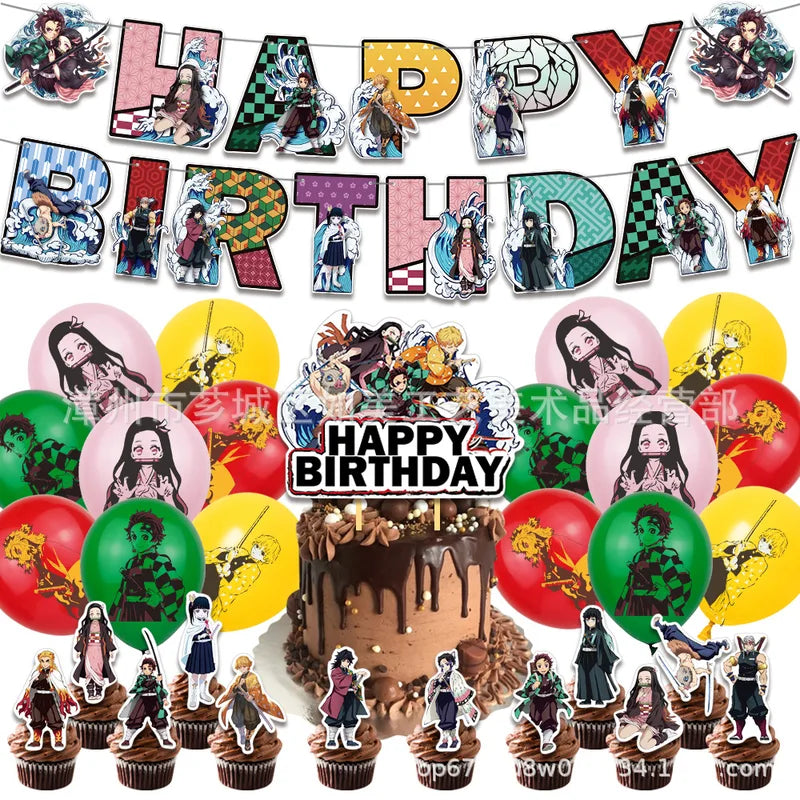 Anime Demon Slayer Birthday Party Decorations Backdrop & Balloons