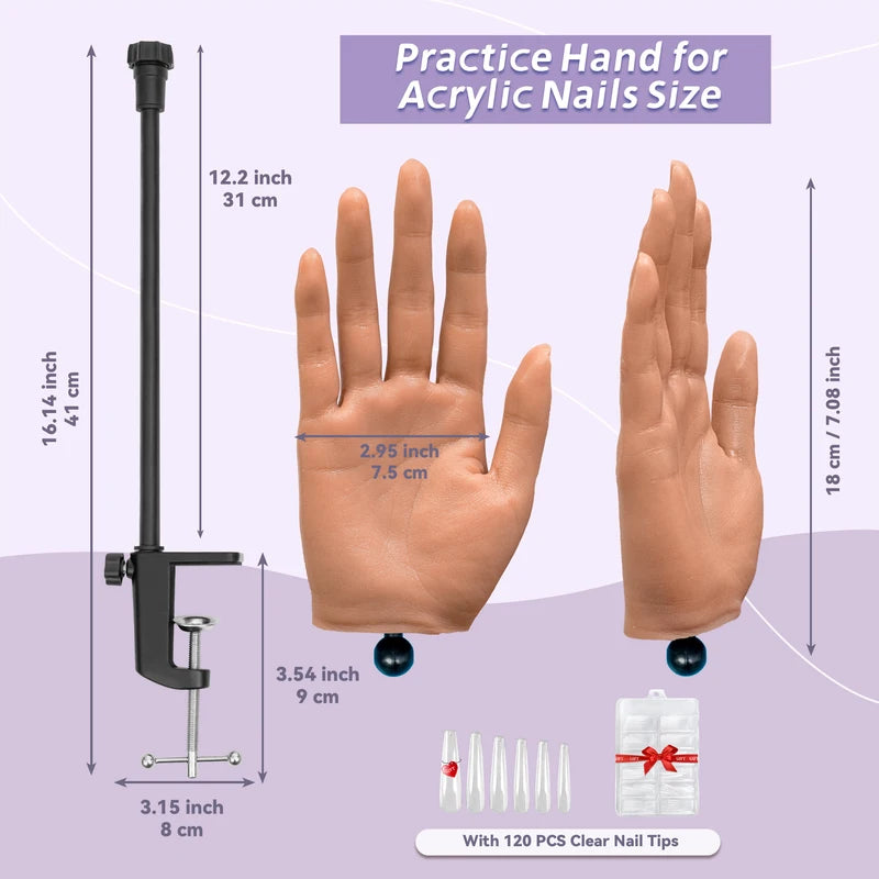 Practice Hand for Acrylic Nails - Silicone Flexible Fingers, Reusable Nail Training Tool