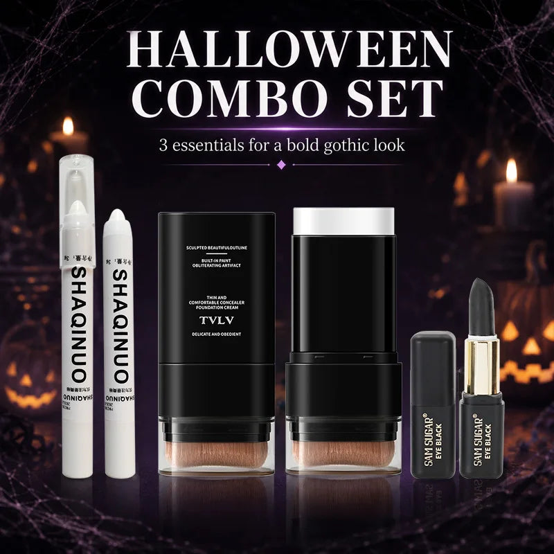Halloween Gothic Makeup Set with White Foundation, Black Face Paint & Highlighter