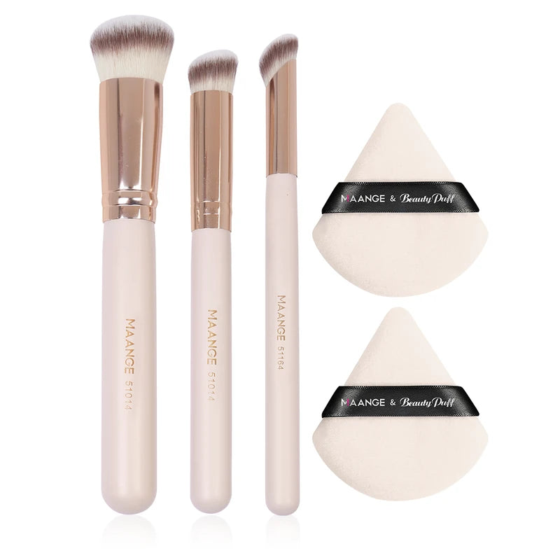 Makeup Brush & Powder Puff Set - 3 Brushes + 2 Triangle Sponges for Foundation, Blending, Concealer