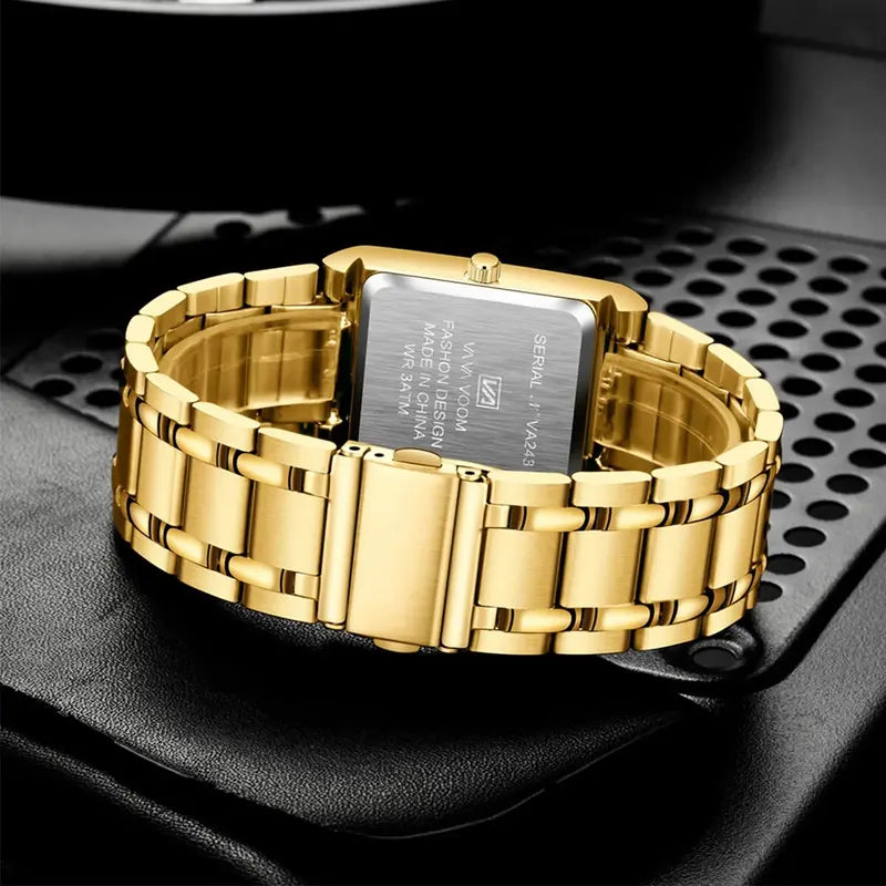 Men's Business Dress Watch Luxury Rectangular Black Gold Stainless Steel Waterproof Quartz
