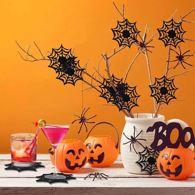 6Pcs Halloween Spider Web Coasters Black Non-Woven Party Decorations