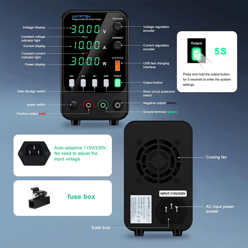 Laboratory DC Power Supply 30V 10A 60V 5A 120V 3A with USB Fast Charging, Adjustable Voltage & Current