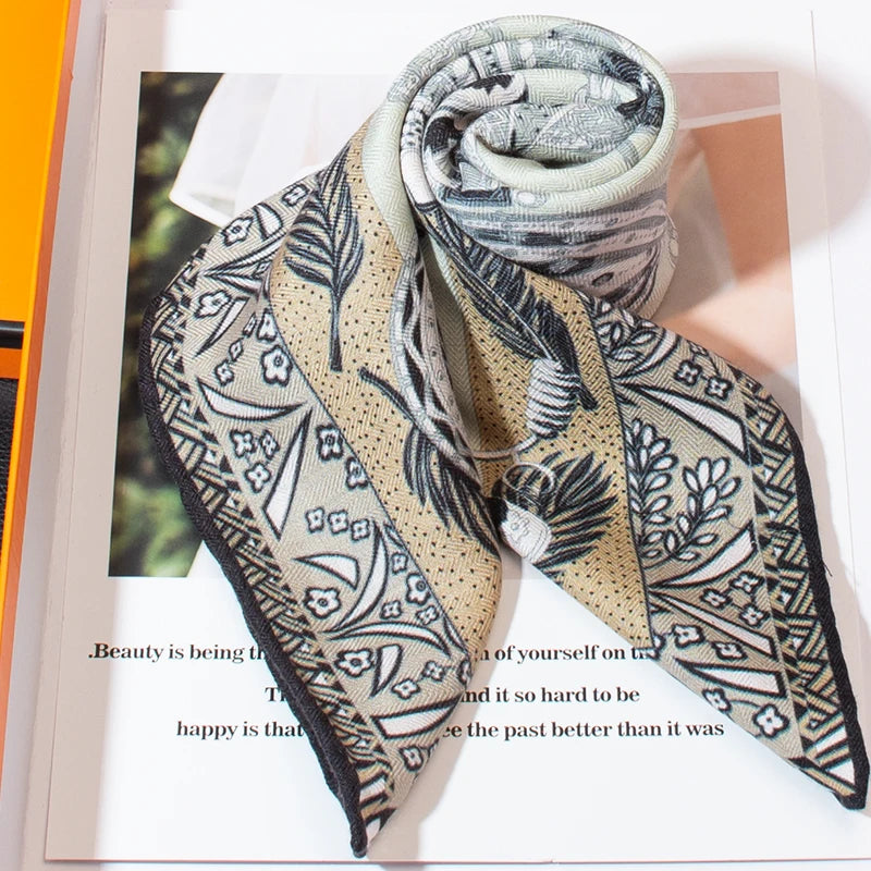 Luxury Silk Wool Botanical Print Square Scarf - Warm Retro Jewelry Design