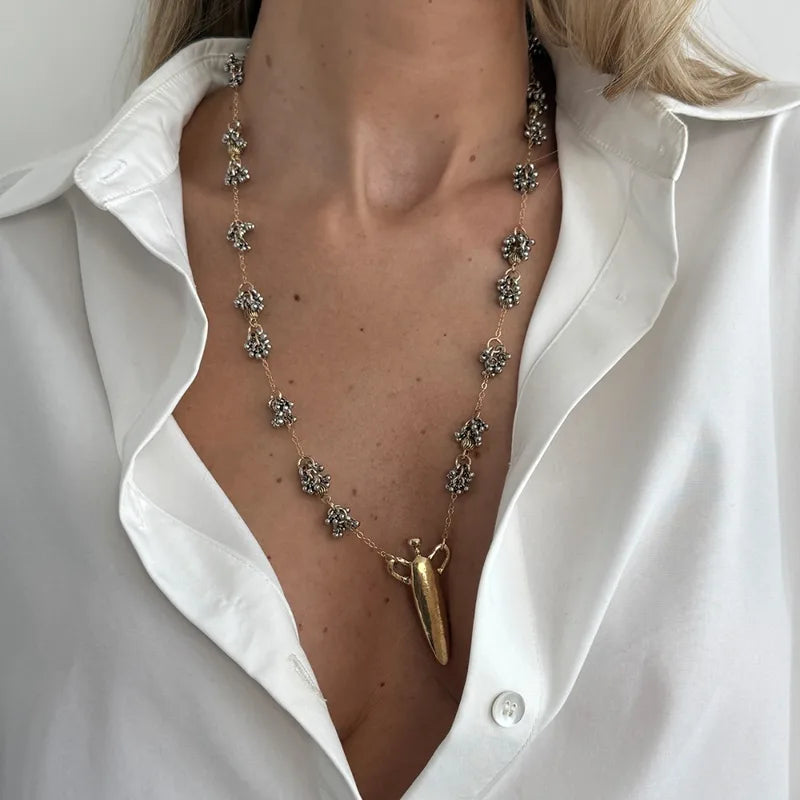 Geometric Pendant Necklace for Women Colorful Flower Petal Design Long Chain Jewelry