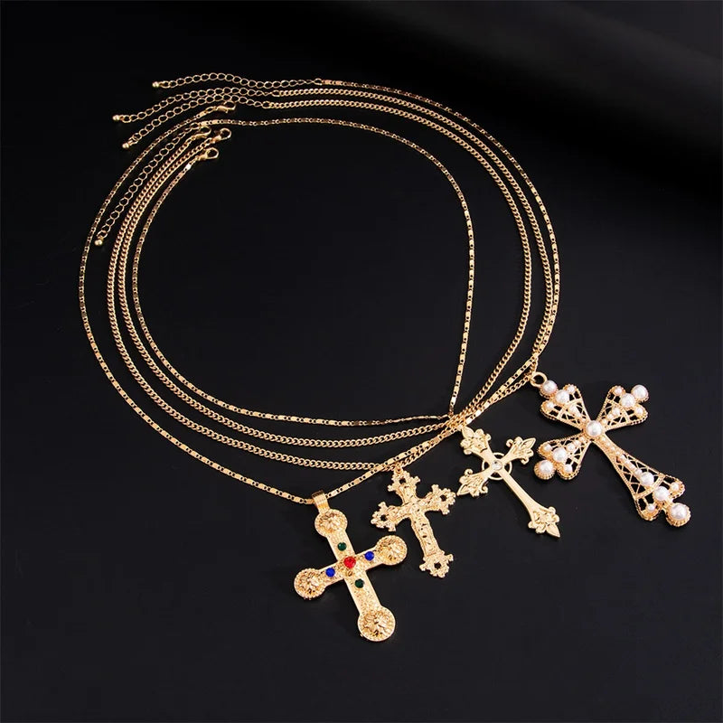 4Pcs Zircon Cross Pendant Necklace Set for Women - Vintage Adjustable Gold Chain Jewelry