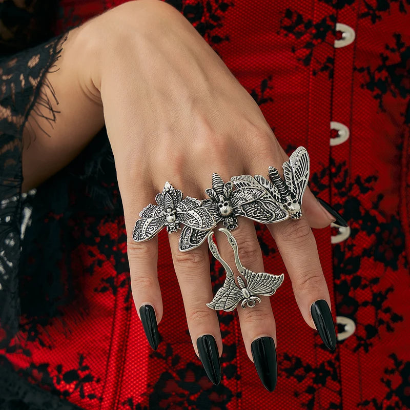 4-Piece Gothic Butterfly Skull Open Ring Set for Women Punk Jewelry Halloween Accessories Gift