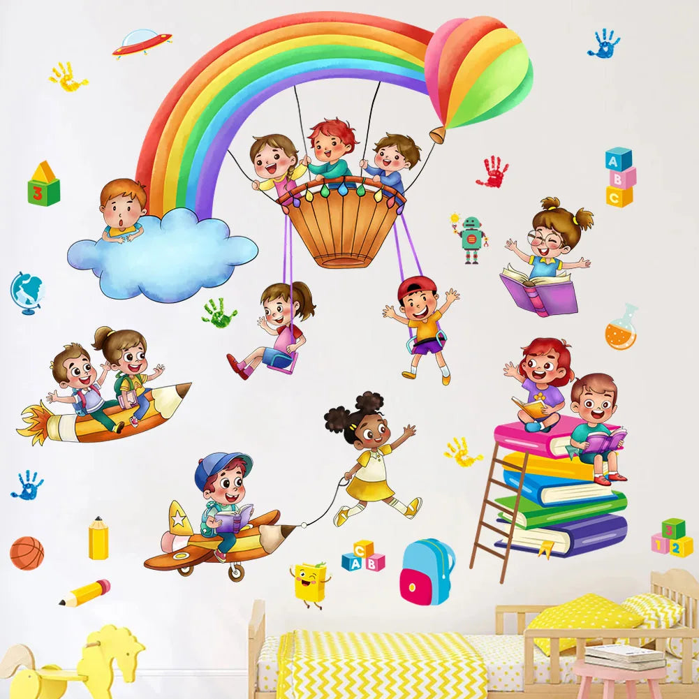 Rainbow Hot Air Balloon Wall Stickers for Baby & Kids Rooms - Amusement Park Theme