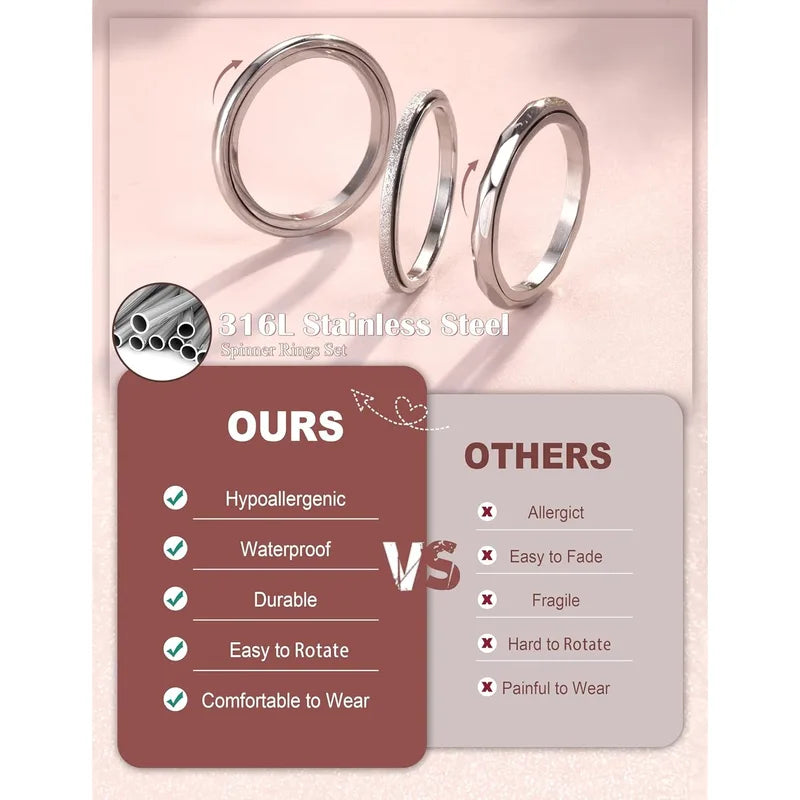 Unisex Stainless Steel Fidget Ring Set for Anxiety Relief Stress Relief Jewelry Gift