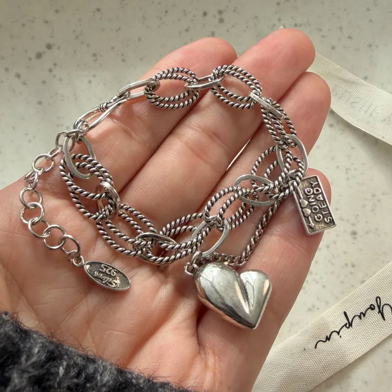 Solid Sterling Silver Heart Letter Bracelet for Women Men Handmade Birthday Gift
