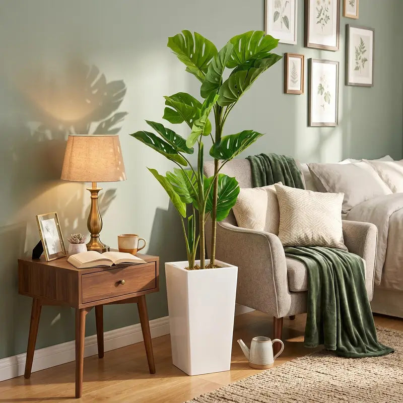 Artificial Monstera Tree with Tall White Planter - Indoor Faux Tropical Plant