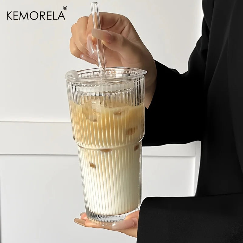 600ML Stripe Glass Coffee Cup with Lid and Straw - Transparent Drinkware for Cold Beverages