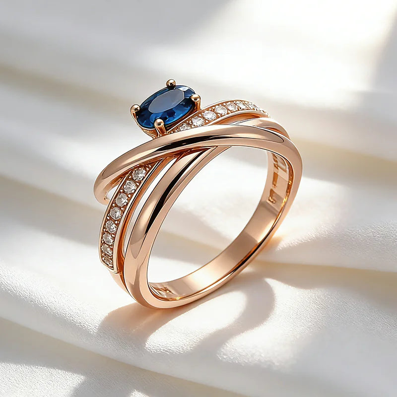 Unisex Rose Gold Cross Ring with Blue Zircon for Women Men Jewelry Gift