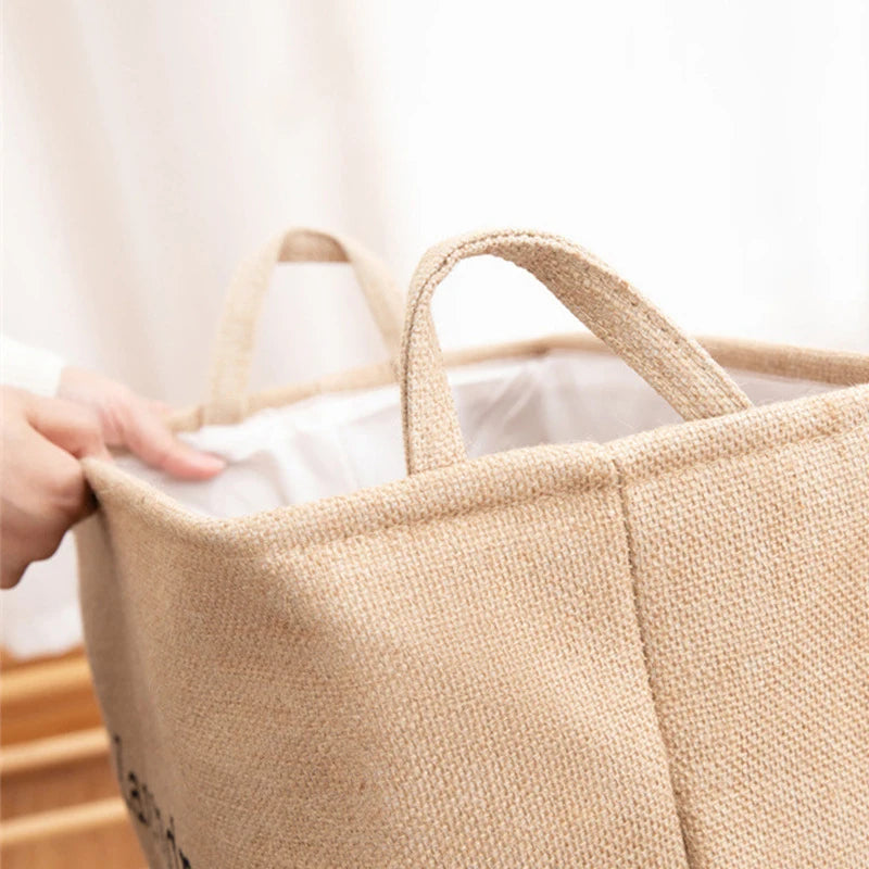 Large Capacity Foldable Jute Laundry Basket with Handle - Light Luxury Home Storage