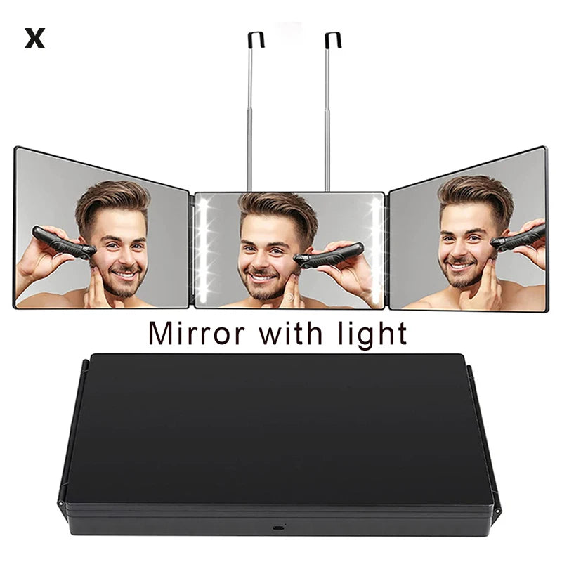 3-Way LED Trifold Mirror with Lighting for Haircut and Styling - 360° View