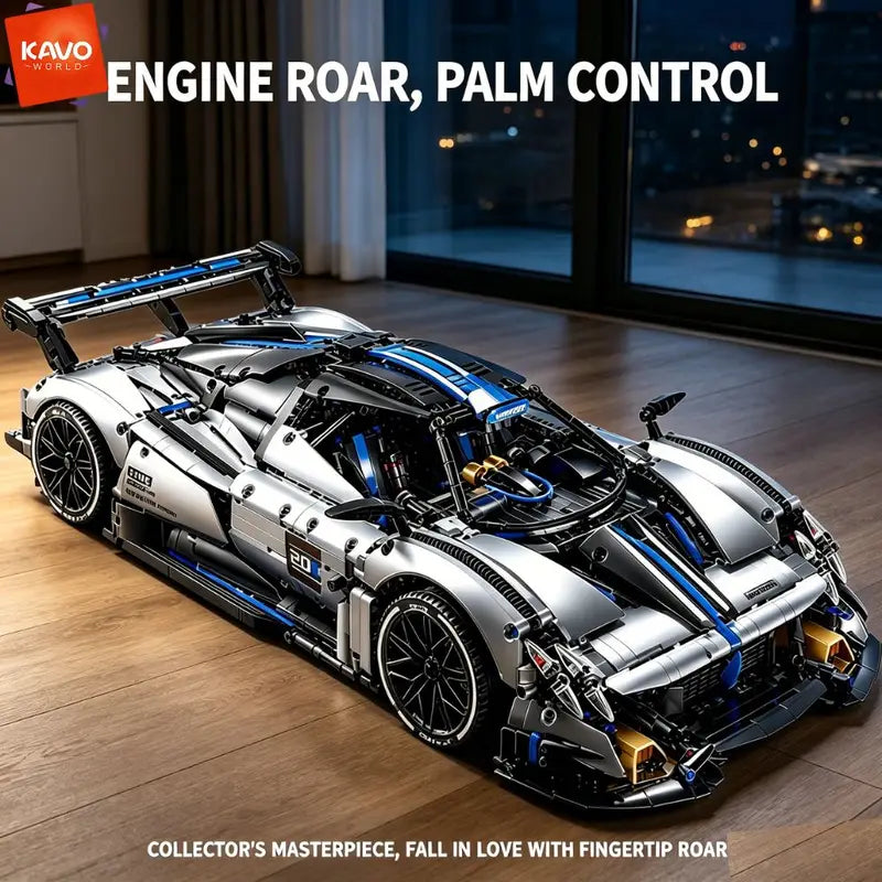 Super Sports Car Building Blocks Set 1:8 Scale DIY Race Car Model Kit - Silver Blue, Mechanical & Display