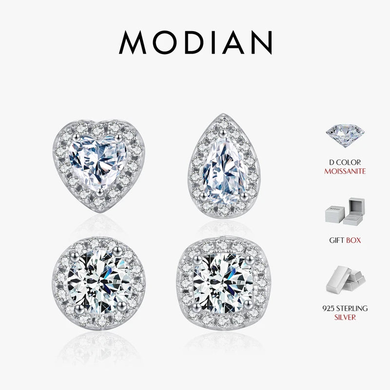 D Color Moissanite Stud Earrings in Sterling Silver - Heart, Pear & Square Designs