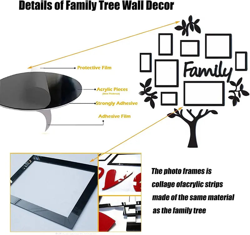 3D Acrylic Family Tree Wall Decals - DIY Photo Frame Art for Living Room