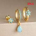 3PCS Stainless Steel Hoop Earrings Set for Women with Crystal Zircon Flowers Water Drop Design - Wedding Jewelry