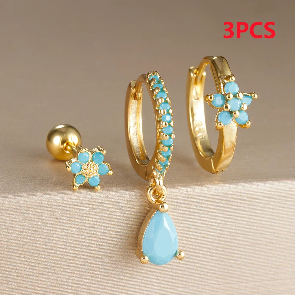 3PCS Stainless Steel Hoop Earrings Set for Women with Crystal Zircon Flowers Water Drop Design - Wedding Jewelry