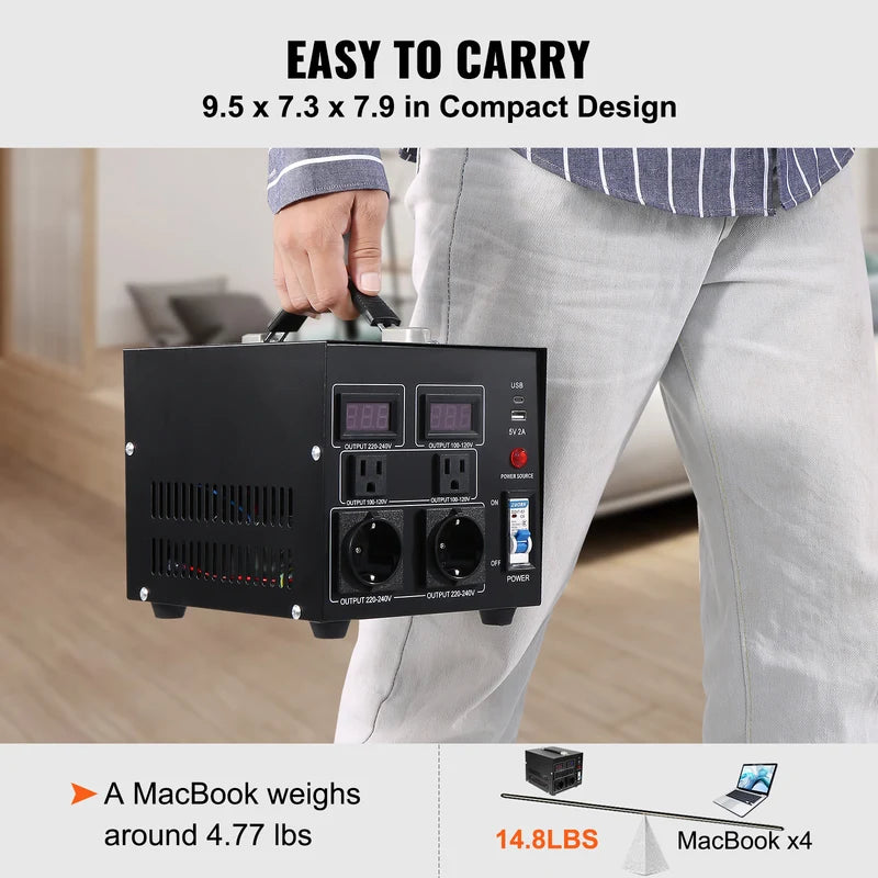 Heavy Duty Voltage Converter Transformer 2000VA-5000VA with US & EU Outlets and USB Port